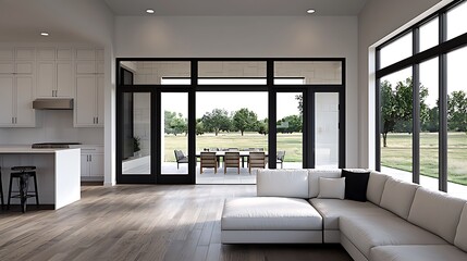 Modern Open-Concept Home Interior with White Kitchen, Large Windows, Hardwood Floors, and View of Outdoor Patio and Green Landscape.