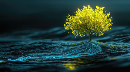 A glowing golden tree grows from a circuit board island in dark, textured water