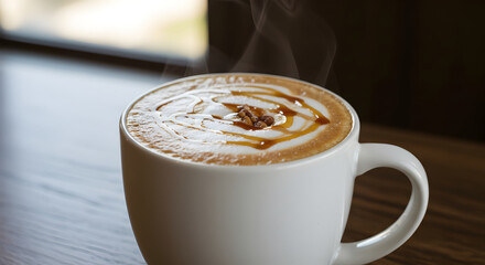 Warm Caramel Macchiato With Swirls Of Syrup In White Ceramic Mug