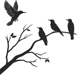 Silhouette Birds on Branch Tree Nature Illustration