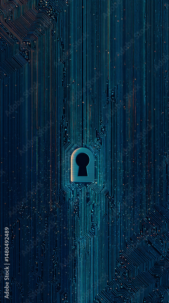 Poster abstract image of a keyhole within a circuit board pattern, representing digital security, data prot