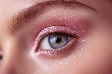 Fototapeta premium Close-up captures a stunning eye, adorned with sparkling pink eyeshadow and elegant eyebrow, a delicate display of glamour.