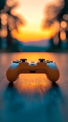 Off-White Game Controller on Dark Wooden Surface at Sunset Beach