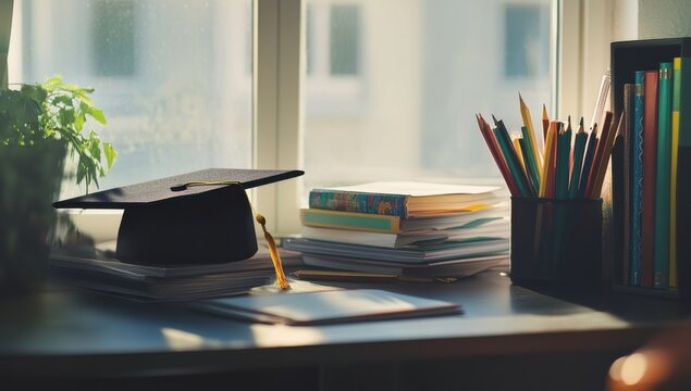 a graduation cap and books on an office desk, with pencils in front banner with copy space Generative AI