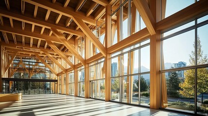 Fototapeta premium Modern Wooden Architecture with Large Glass Windows