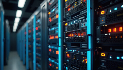 Row of illuminated server racks in data center, showcasing advanced technology and infrastructure. servers are organized neatly, with glowing lights indicating active processing and connectivity
