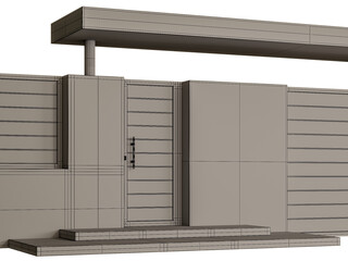 A gray building with a door and a window