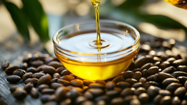 A small amount of oil is poured into a bowl of coffee beans. The bowl is placed on a wooden surface
