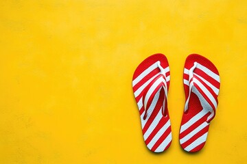 Red and white striped flip-flops on a bright yellow background.  Pair of vacation sandals, top-down view