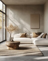 An elegant interior design features a modern living room with a comfortable sofa, minimalist decor, and natural light streaming through a large window, creating a calming and inviting atmosphere.