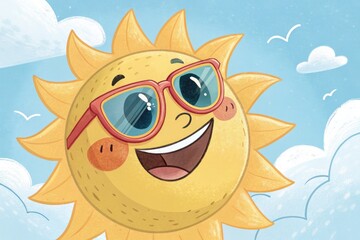 Smiling Summer Sun Wearing Stylish Sunglasses in Bright Sky Generative AI