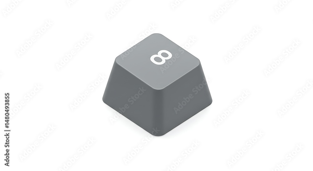 Poster isometric view of a gray number 8 keycap on a white background