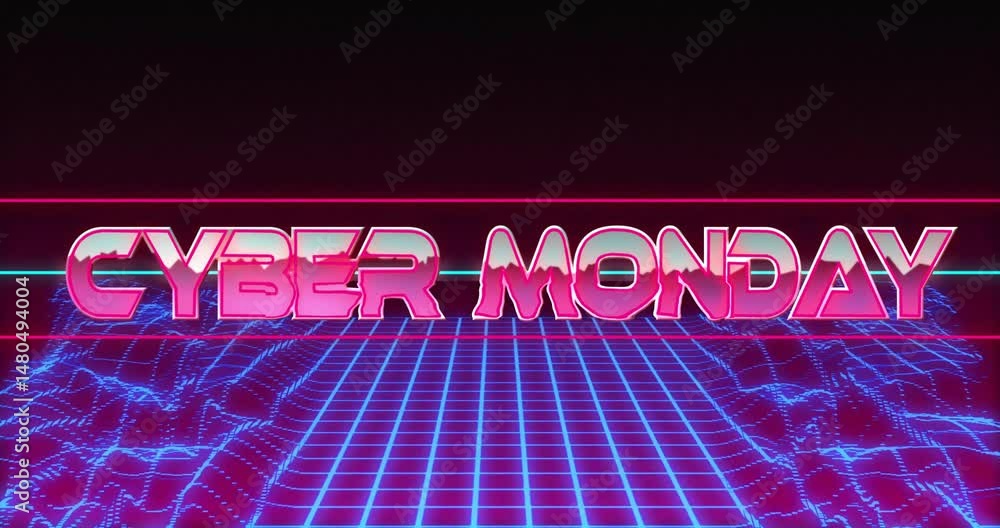 Poster 3d neon cyber monday text hovering above glowing grid, showcasing retro-futuristic wave animations