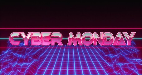 3D neon Cyber Monday text hovering above glowing grid, showcasing retro-futuristic wave animations - Powered by Adobe