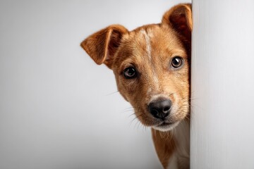 Curious Pup's Peek: An endearing puppy peeks playfully from behind a corner, showcasing its adorable innocence.– Generative AI