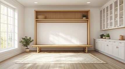 Sunlit Room with Built-in Bench and White Cabinets