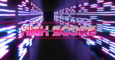 HIGH SCORE glowing in neon tunnel 3D render, corridor walls pulsing pink blue white light bars - Powered by Adobe