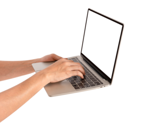 Hand using laptop computer with blank screen isolated. Premium high quality studio shot. Technology, business and advertising concept.