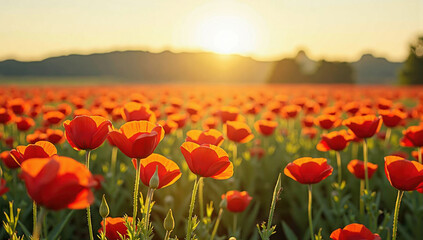 Fototapeta premium Vibrant field of red poppies basks in warm glow of setting sun, creating serene and picturesque landscape. flowers stretch towards horizon, bathed in golden light