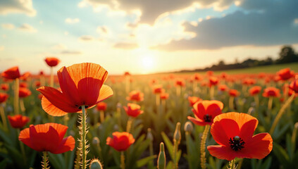 Obraz premium Vibrant field of red poppies basks in warm glow of setting sun, casting long shadows and creating serene atmosphere. sky is dotted with fluffy clouds, enhancing tranquil scene
