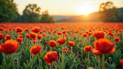 Vibrant field of red poppies stretches towards horizon under warm, golden sunset, creating serene and picturesque landscape. flowers sway gently in breeze