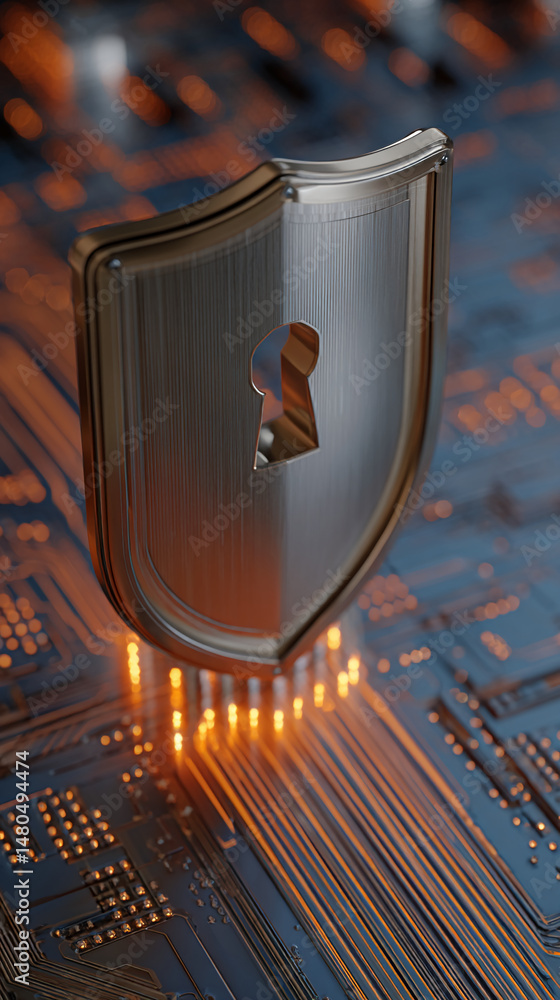 Aufkleber metallic shield with keyhole, hovering over illuminated circuit board, symbolizing digital security 