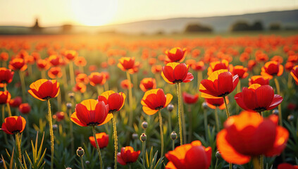 Vibrant field of red poppies basks warm glow of sunset, creating serene and picturesque landscape. flowers stand tall, their petals illuminated by golden light, evoking sense of peace and beauty