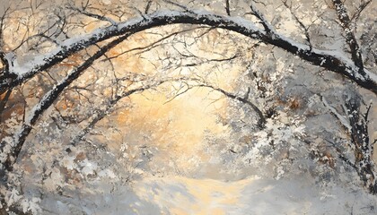 Snowy forest pathway illuminated by golden sunlight.