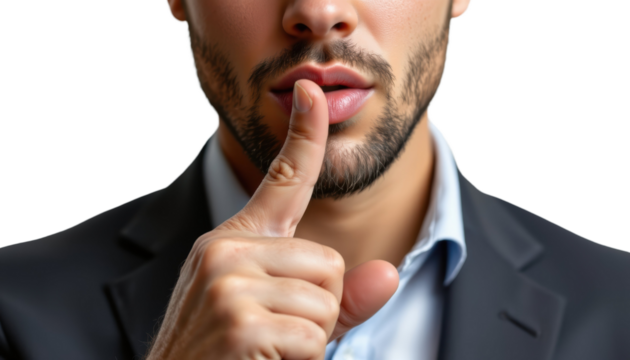 Business man silencing audience office setting portrait photography professional environment close-up view communication concept