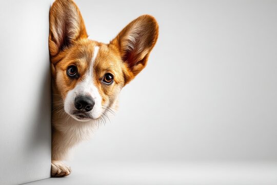 Playful peek: A charming corgi peeks around a corner, its attentive gaze drawing you into a moment of pure curiosity and endearing playfulness.– Generative AI
