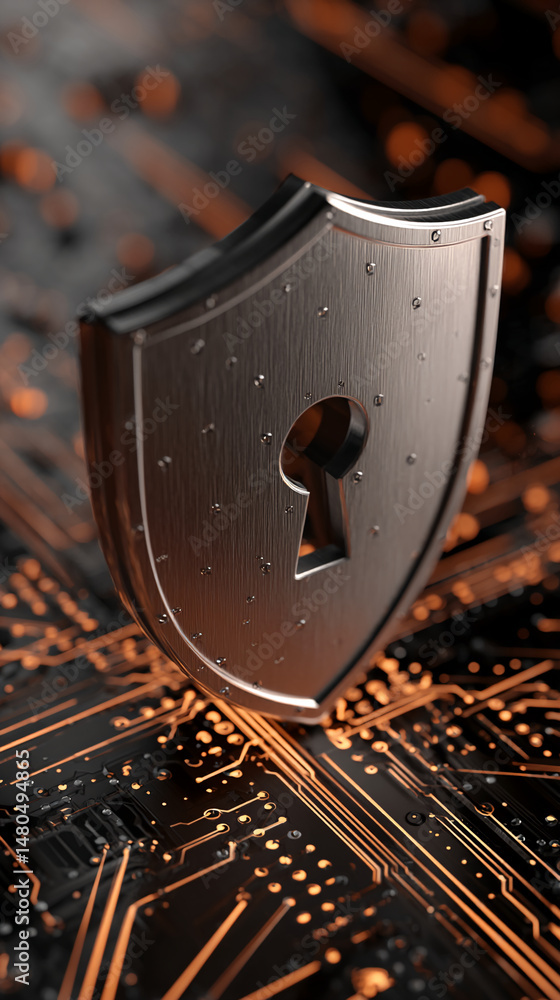 Poster metal shield with keyhole on circuit board background, symbolizing digital security and data protect