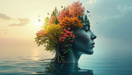 Surreal image of woman face emerging from water, with vibrant trees growing from her head, symbolizing nature and imagination. Birds fly around, enhancing dreamlike atmosphere