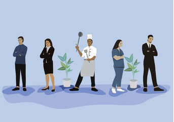 Vector illustration featuring diverse professions including business professionals in office meetings, doctors, nurses, chefs, and teachers. Scenes show different types of communication such as team d