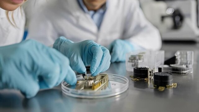 Closeup of technicians wearing protective gloves and goggles carefully handling deconstructed battery cells while conducting tests to assess material viability for recycling.