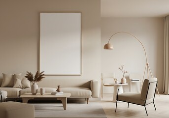 Neutral living room with sofa, blank canvas, and modern floor lamp
