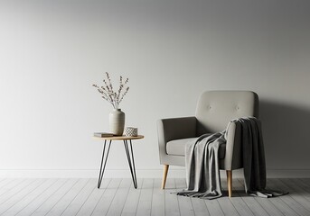 Armchair with throw blanket and side table against a white wall in a bright room