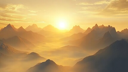 Obraz premium Sunrise over a mountain range with misty valleys