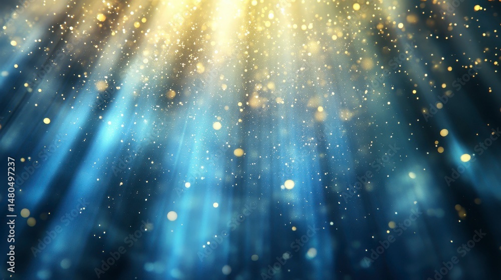 Poster abstract blue and gold light rays with bokeh effect, shimmering particles.