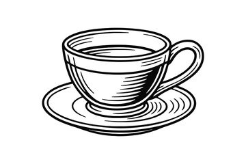 Monochrome sketch of teacup on saucer, simple vector illustration