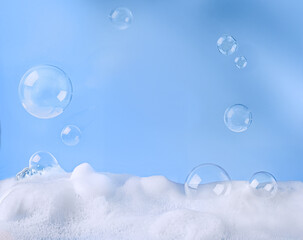 Bubbles with soap Foam Against a Soft and Calming Blue Background