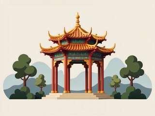 Crimson-gold Pavilion, hazy backdrop, oriental garden