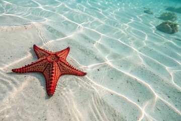 Red Starfish Rests on Sandy Seabed in Clear Tropical Waters Generative AI