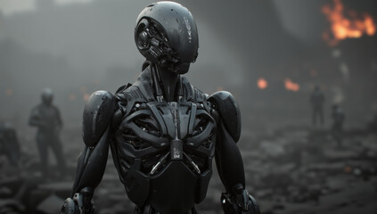 Naklejka premium Futuristic robot stands in dystopian landscape with dark, metallic design. background features other robots and fiery, desolate environment, creating sense of tension and mystery