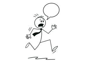 Vector cartoon stick figure drawing conceptual illustration of scared man or businessman running away in fear with empty speech bubble.

