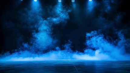 Blue smoky stage with spotlights, perfect for presentations or events.