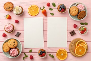 Menu Cards Placed on a Pink Tabletop With Pastries and Fruits Generative AI