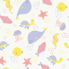 Vector seamless template with cute marine animals. Sea animals, ocean fish.  Whale, turtle, jellyfish. Perfect for kids bedding, fabric, textiles, t-shirt wallpaper prints, wrapping paper.