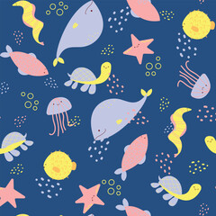 Vector seamless template with cute marine animals. Sea animals, ocean fish.  Whale, turtle, jellyfish. Perfect for kids bedding, fabric, textiles, t-shirt wallpaper prints, wrapping paper.