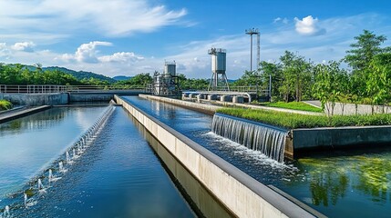 Water Treatment Facility with Clarifier Tanks and Flowing Water