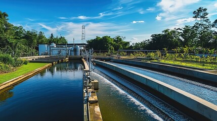 Water Treatment Plant with Multiple Channels and Green Surroundings